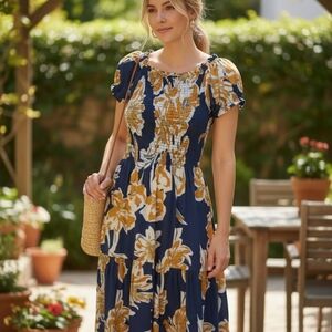 Navy and Orange Floral Maxi Dress